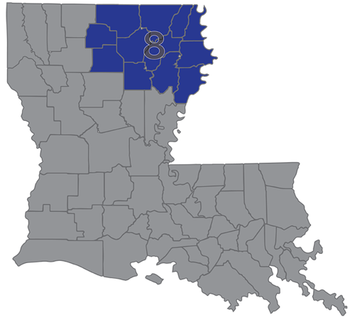 Region 8 Parishes: Ouachita, Union, Lincoln, Jackson, Caldwell, Richland, Morehouse, Franklin, West Carroll, East Carroll, Madison and Tensas Parishes